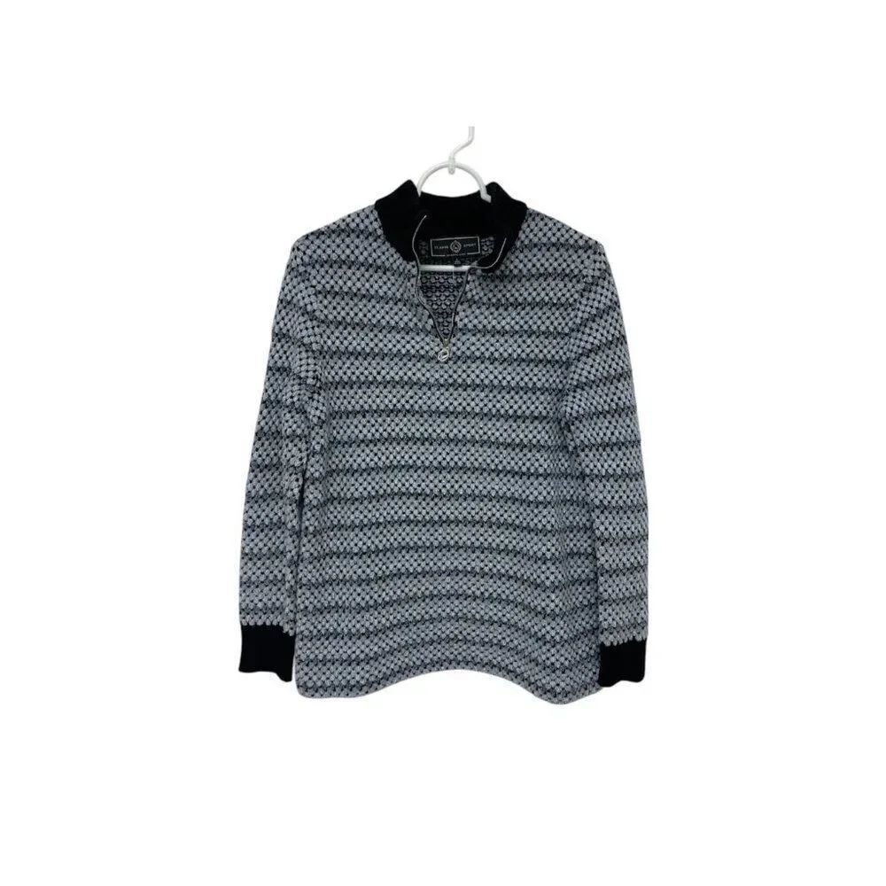 St. John Sport Marie Gray Womens Sweater Size S Gray Black Striped 1/4 Zip
